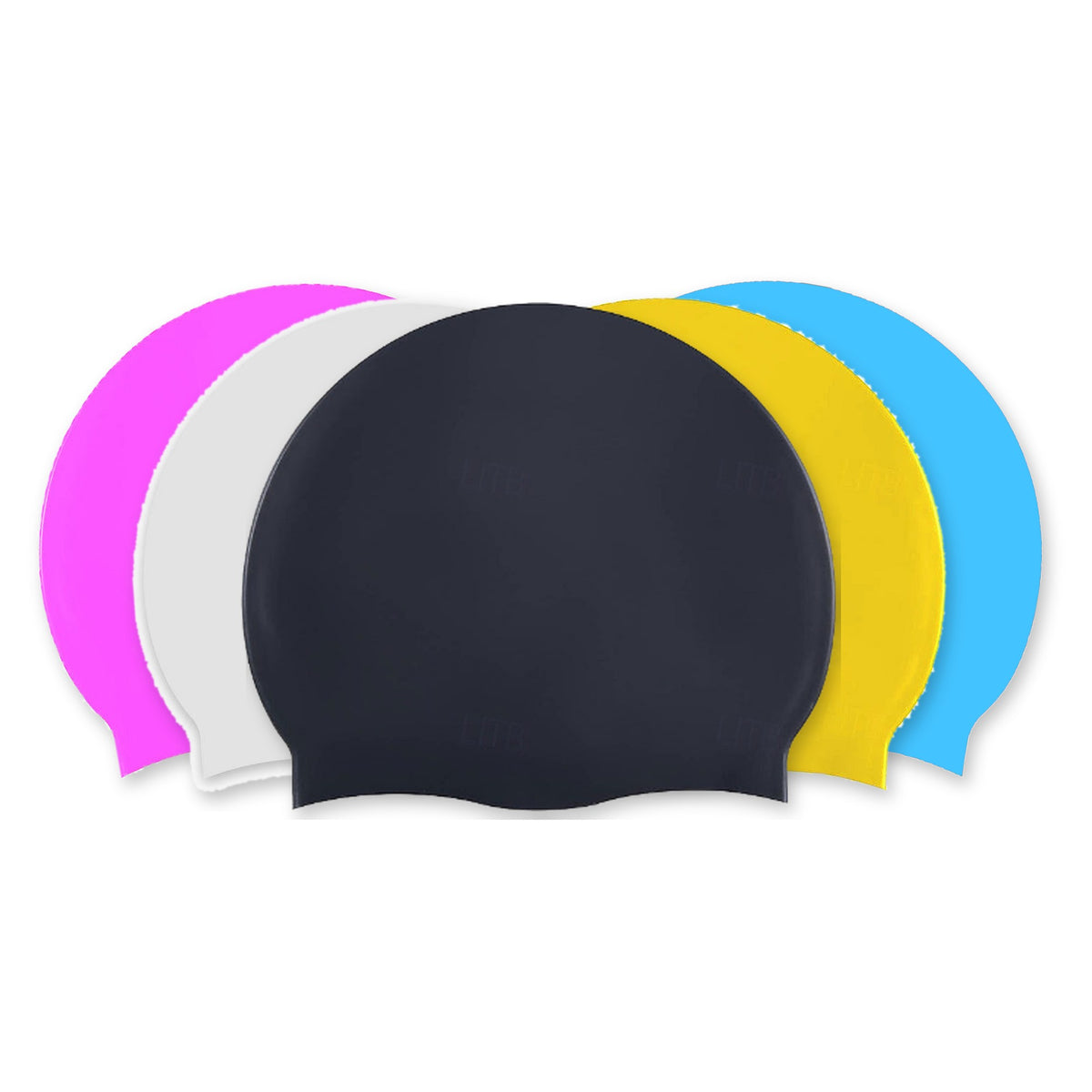 Blank silicone swim caps in black, white, pink, light blue and yellow