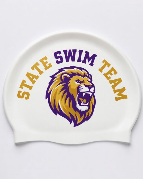 State Swim Team lion mascot cap
